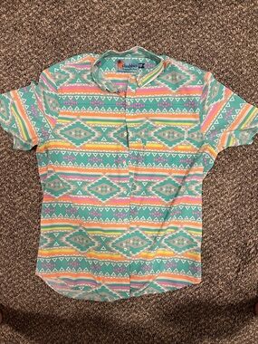 chubbies Short-Sleeve Aqua Aztec Stripe Button-Up Shirt